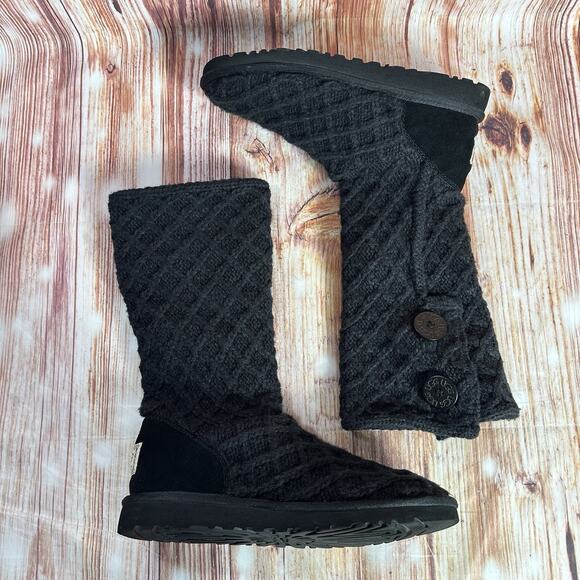 Ugg LATTICE CARDY Size 6 Black Cable Knit Sweater Tall Knee High Boots Shoes - Picture 5 of 9